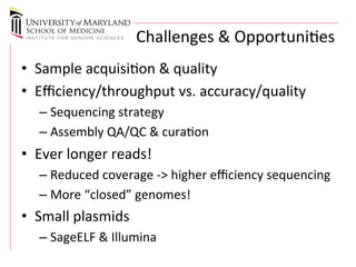 Challenges 
& 
Opportunies 
• Sample 
acquision 
& 
quality 
• Efficiency/throughput 
vs. 
accuracy/quality 
– Sequencing 
strategy 
– Assembly 
QA/QC 
& 
curaon 
• Ever 
longer 
reads! 
– Reduced 
coverage 
-­‐> 
higher 
efficiency 
sequencing 
– More 
“closed” 
genomes! 
• Small 
plasmids 
– SageELF 
& 
Illumina 
 