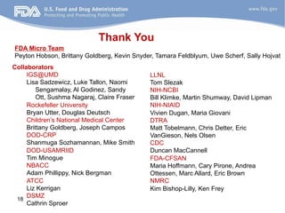 FDA Micro Team 
Peyton Hobson, Brittany Goldberg, Kevin Snyder, Tamara Feldblyum, Uwe Scherf, Sally Hojvat 
C ollaborators 
18 
Thank You 
LLNL 
Tom Slezak 
NIH-NCBI 
Bill Klimke, Martin Shumway, David Lipman 
NIH-NIAID 
Vivien Dugan, Maria Giovani 
DTRA 
Matt Tobelmann, Chris Detter, Eric 
VanGieson, Nels Olsen 
CDC 
Duncan MacCannell 
FDA-CFSAN 
Maria Hoffmann, Cary Pirone, Andrea 
Ottessen, Marc Allard, Eric Brown 
NMRC 
Kim Bishop-Lilly, Ken Frey 
IGS@UMD 
Lisa Sadzewicz, Luke Tallon, Naomi 
Sengamalay, Al Godinez, Sandy 
Ott, Sushma Nagaraj, Claire Fraser 
Rockefeller University 
Bryan Utter, Douglas Deutsch 
Children’s National Medical Center 
Brittany Goldberg, Joseph Campos 
DOD-CRP 
Shanmuga Sozhamannan, Mike Smith 
DOD-USAMRIID 
Tim Minogue 
NBACC 
Adam Phillippy, Nick Bergman 
ATCC 
Liz Kerrigan 
DSMZ 
Cathrin Sproer 
