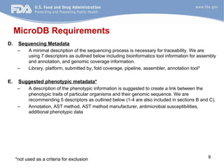 MicroDB Requirements 
D. Sequencing Metadata 
– A minimal description of the sequencing process is necessary for traceability. We are 
using 7 descriptors as outlined below including bioinformatics tool information for assembly 
and annotation, and genomic coverage information. 
– Library, platform, submitted by, fold coverage, pipeline, assembler, annotation tool* 
E. Suggested phenotypic metadata* 
– A description of the phenotypic information is suggested to create a link between the 
phenotypic traits of particular organisms and their genomic sequence. We are 
recommending 5 descriptors as outlined below (1-4 are also included in sections B and C). 
– Annotation, AST method, AST method manufacturer, antimicrobial susceptibilities, 
additional phenotypic data 
*not used as a criteria for exclusion 9 
 