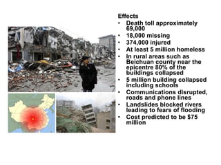 Effects Death toll approximately 69,000 18,000 missing 374,000 injured At least 5 million homeless In rural areas such as Beichuan county near the epicentre 80% of the buildings collapsed 5 million building collapsed including schools Communications disrupted, roads and phone lines Landslides blocked rivers leading to fears of flooding Cost predicted to be $75 million 