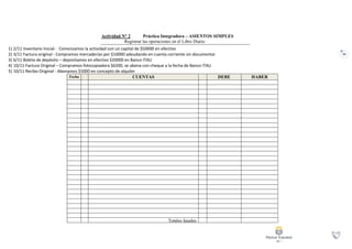 55
Actividad N° 2 Práctica Integradora – ASIENTOS SIMPLES
Registrar las operaciones en el Libro Diario
1) 2/11 Inventario Inicial - Comenzamos la actividad con un capital de $50000 en efectivo
2) 3/11 Factura original - Compramos mercaderías por $10000 adeudando en cuenta corriente sin documentar
3) 6/11 Boleta de depósito – depositamos en efectivo $20000 en Banco ITAU
4) 10/11 Factura Original – Compramos fotocopiadora $6200, se abona con cheque a la fecha de Banco ITAU
5) 10/11 Recibo Original - Abonamos $5000 en concepto de alquiler
Fecha CUENTAS DEBE HABER
Totales Iguales
 