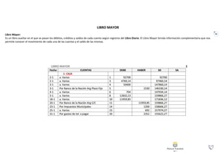 66
Libro Mayor:
Es un libro auxiliar en el que se pasan los débitos, créditos y saldos de cada cuenta según registros del Libro Diario. El Libro Mayor brinda información complementaria que nos
permite conocer el movimiento de cada una de las cuentas y el saldo de las mismas.
LIBRO MAYOR
 