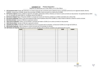 79
Actividad N° 14 Práctica Integradora
Registrar las operaciones en el Libro Diario y en el Libro Mayor
1. 3/4 Inventario Inicial Dexter SRL dedicada a la compra venta de ropa, accesorios para el deporte inicia su actividad comercial con el siguiente detalle: efectivo
$500000, instalaciones $145000, deudas documentadas $278000, cuenta corriente en el Banco Río $115600
2. 4/4 Factura original Compra a Adidas la siguiente mercadería, abonando el 25% en efectivo y el resto en cuenta corriente sin documentar: 10 zapatillas blancas $554
c/u, 15 camisetas de futbol $399 c/u, 10 pelotas oficial FIFA $599 c/u
3. 6/4 Factura Original Paga a Telecentro $2500 en concepto de servicio de Internet y telefonía con débito automático de su Banco Río.
4. 9/4 Factura Duplicado Vende a Club Social deportivo Bajo Flores 8 pelotas oficial FIFA a $1680 c/u, cobra mitad en efectivo y mitad en cuenta corriente
5. 9/4 Ficha de Stock Calcular el CMV de la operación anterior
6. 14/4 Factura Duplicado Vende a Titi Fernández 5 camisetas de futbol a $1350 c/u en cuenta corriente sin documentar
7. 14/4 Ficha de Stock Calcular el CMV de la operación anterior
8. 13/4 Nota de Crédito Duplicado a Titi Fernández por error en el precio de las camisetas, se facturaron $1350 c/u en lugar de $1250 c/u
9. 20/4 Recibo Duplicado cobra la deuda en cuenta corriente de Titi Fernández en efectivo
10. 20/4 Boleta de Depósito Deposita en su cuenta corriente del Banco Río el efectivo recibido en las operaciones N° 4 y N° 9
Fecha CUENTAS DEBE HABER
 