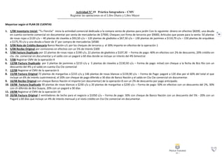 98
Actividad N° 19 Práctica Integradora – CMV
Registrar las operaciones en el Libro Diario y Libro Mayor
Mayorizar según el PLAN DE CUENTAS
1. 1/08 Inventario Inicial: “Tu Florcita” inicia la actividad comercial dedicada a la compra venta de plantas para jardín Con lo siguiente: dinero en efectivo $8200, una deuda
en cuenta corriente comercial sin documentar por venta de mercaderías de $7900, Cheques con firma de terceros por $9000, Artículos que posee para la venta: 50 plantas
de rosas rojas a $120 c/u – 40 plantas de claveles a $93,50 c/u – 120 plantas de gladiolos a $67,50 c/u – 130 plantas de jazmines a $110,70 c/u – 150 plantas de orquídeas
a $175,70 c/u y una deuda a favor de 3° por compra de mercaderías $4580
2. 3/08 Nota de Crédito Bancaria Banco Nación c/c por los cheques de terceros y el 30% importe en efectivo de la operación 1
3. 5/08 Recibo Original por comisiones en efectivo con un 5% de interés $300
4. 7/08 Factura Duplicado por 22 plantas de rosas rojas a $190 c/u, 22 plantas de gladiolos a $107,30 – Forma de pago: 40% en efectivo con 2% de descuento, 20% crédito en
cta. cte. comercial sin documentar y el saldo con un pagaré a 60 días donde se incluye un interés del 4% bimestral.
5. 7/08 Registrar CMV de la operación 4
6. 12/08 Factura Duplicado: por 3 plantas de jazmines a $210 c/u y 5 plantas de claveles a $130,50 c/u – Forma de pago: mitad con cheque a la fecha de Bco Río con un
descuento del 4% y el saldo en cuenta Cta Cte comercial
7. 12/08 Registrar el CMV de la operación 6
8. 15/08 Factura Original 72 plantas de margaritas a $155 c/u y 146 plantas de rosas blancas a $159,90 c/u -- Forma de Pago: pagaré a 120 días por el 60% del total el que
incluye un 6% de interés cuatrimestral, el 20% con cheque de pago diferido a 30 días de Banco Nación y el saldo en Cta Cte comercial sin documentar.
9. 16/08 Recibo Original con cheque Banco Nación el importe (sin documentar) de la operación 8 con un 2% de descuento por pago anticipado.
10. 19/08 Factura Duplicado 30 plantas de rosas blancas a $230 c/u y 20 plantas de margaritas a $230 c/u – Forma de pago: 50% en efectivo con un descuento del 2%, 30%
con ch diferido de Bco Suquía, 20% con un pagaré a 30 días
11. 19/08 Registrar el CMV de la operación 10
12. 20/08 Factura Original 2 ventiladores de techo para el negocio a $1050 c/u – Forma de pago: 30% con cheque de Banco Nación con un descuento del 5% - 20% con un
Pagaré a 60 días que incluye un 4% de interés mensual y el resto crédito en Cta Cte comercial sin documentar.
 