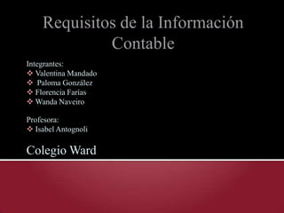 Requisitos de la Información
Contable
Integrantes:
 Valentina Mandado
 Paloma González
 Florencia Farías
 Wanda Naveiro
Profesora:
 Isabel Antognoli
Colegio Ward
 