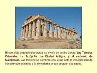 El complejo arqueológico actual se divide en cuatro zonas: Los Templos
Orientales, La Acrópolis, La Ciudad Antigua, y el santuario de
Malophoros. Los templos se nombran con letras ante la imposibilidad de
conocer con exactitud a la divinidad a la que estaban dedicados.
 