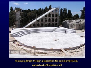 Siracusa, Greek theater, preparation for summer festivals,  carved out of limestone hill 