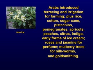 Arabs introduced terracing and irrigation for farming; plus rice, cotton, sugar cane, pistachios, pomegranates, apricots, peaches, citrus, indigo, early forms of ice cream; roses and jasmine for perfume; mulberry trees for silk-worms,  and goldsmithing . Jasmine 