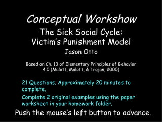 Conceptual Workshow The Sick Social Cycle: Victim’s Punishment Model Jason Otto Based on Ch. 13 of Elementary Principles of Behavior 4.0 (Malott, Malott, & Trojan, 2000) 21 Questions. Approximately 20 minutes to complete. Complete 2 original examples using the paper worksheet in your homework folder. Push the mouse’s left button to advance. 