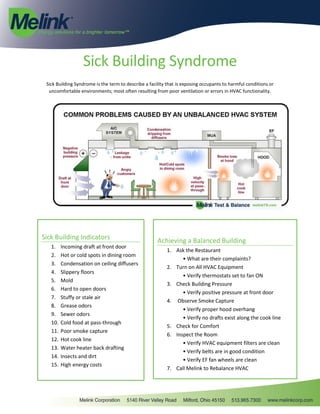 Sick Building Syndrome
Sick Building Syndrome is the term to describe a facility that is exposing occupants to harmful conditions or
uncomfortable environments; most often resulting from poor ventilation or errors in HVAC functionality.
Sick Building Indicators
1. Incoming draft at front door
2. Hot or cold spots in dining room
3. Condensation on ceiling diffusers
4. Slippery floors
5. Mold
6. Hard to open doors
7. Stuffy or stale air
8. Grease odors
9. Sewer odors
10. Cold food at pass-through
11. Poor smoke capture
12. Hot cook line
13. Water heater back drafting
14. Insects and dirt
15. High energy costs
Achieving a Balanced Building
1. Ask the Restaurant
• What are their complaints?
2. Turn on All HVAC Equipment
• Verify thermostats set to fan ON
3. Check Building Pressure
• Verify positive pressure at front door
4. Observe Smoke Capture
• Verify proper hood overhang
• Verify no drafts exist along the cook line
5. Check for Comfort
6. Inspect the Room
• Verify HVAC equipment filters are clean
• Verify belts are in good condition
• Verify EF fan wheels are clean
7. Call Melink to Rebalance HVAC
 