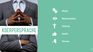 15
KOERPERSPRACHE
Mimik
Blickverhalten
Haltung
Gestik
Stimme
 