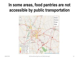In some areas, food pantries are not
accessible by public transportation
@NCD4G NCData4Good.github.io/UWchallenge/ 11
 