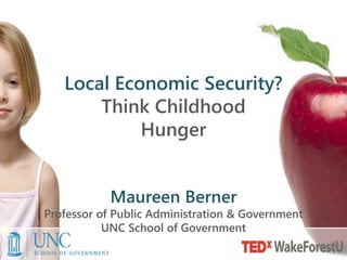 Local Economic Security?
Think Childhood
Hunger
Maureen Berner
Professor of Public Administration & Government
UNC School of Government
 