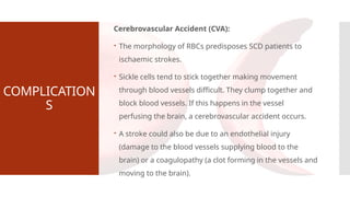 COMPLICATION
S
Cerebrovascular Accident (CVA):
 The morphology of RBCs predisposes SCD patients to
ischaemic strokes.
 Sickle cells tend to stick together making movement
through blood vessels difficult. They clump together and
block blood vessels. If this happens in the vessel
perfusing the brain, a cerebrovascular accident occurs.
 A stroke could also be due to an endothelial injury
(damage to the blood vessels supplying blood to the
brain) or a coagulopathy (a clot forming in the vessels and
moving to the brain).
 