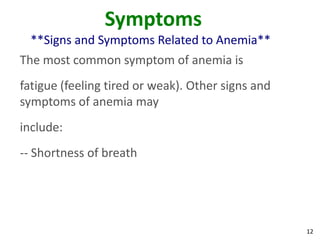 12
Symptoms
**Signs and Symptoms Related to Anemia**
The most common symptom of anemia is
fatigue (feeling tired or weak). Other signs and
symptoms of anemia may
include:
-- Shortness of breath
 