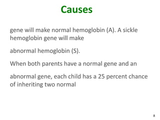 8
Causes
gene will make normal hemoglobin (A). A sickle
hemoglobin gene will make
abnormal hemoglobin (S).
When both parents have a normal gene and an
abnormal gene, each child has a 25 percent chance
of inheriting two normal
 