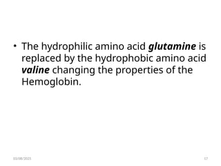 • The hydrophilic amino acid glutamine is
replaced by the hydrophobic amino acid
valine changing the properties of the
Hemoglobin.
03/08/2025 17
 