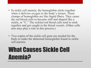 What Causes Sickle Cell Anemia? In sickle cell anemia, the hemoglobin sticks together when it delivers oxygen to the body’s tissues. These clumps of hemoglobin are like liquid fibers. They cause the red blood cells to become stiff and shaped like a sickle, or “C.” The sickled red blood cells tend to stick together and get caught in the blood vessels. (Other cells also may play a role in this process.) Two copies of the sickle cell gene are needed for the body to make the abnormal hemoglobin found in sickle cell anemia. 