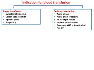 Indication for blood transfusion
Simple transfusion :
• Symptomatic anemia
• Spleen sequestration
• Aplastic crisis
• Pregnancy
Exchange transfusion :
• Acute stroke
• Acute chest syndrome
• Multi-organ failure
• Hepatic sequestration
• Recurrent VOC not controlled
• Pre-OP
 