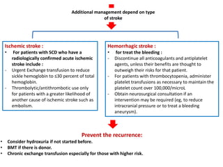 Ischemic stroke :
• For patients with SCD who have a
radiologically confirmed acute ischemic
stroke include :
- Urgent Exchange transfusion to reduce
sickle hemoglobin to ≤30 percent of total
hemoglobin.
- Thrombolytic/antithrombotic use only
for patients with a greater likelihood of
another cause of ischemic stroke such as
embolism.
Additional management depend on type
of stroke
Hemorrhagic stroke :
• for treat the bleeding :
- Discontinue all anticoagulants and antiplatelet
agents, unless their benefits are thought to
outweigh their risks for that patient.
- For patients with thrombocytopenia, administer
platelet transfusions as necessary to maintain the
platelet count over 100,000/microL
- Obtain neurosurgical consultation if an
intervention may be required (eg, to reduce
intracranial pressure or to treat a bleeding
aneurysm).
Prevent the recurrence:
• Consider hydroxuria if not started before.
• BMT if there is donor.
• Chronic exchange transfusion especially for those with higher risk.
 