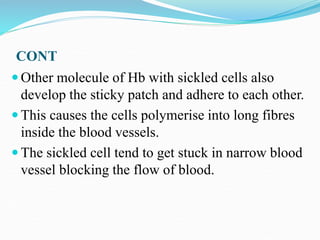 CONT
 Other molecule of Hb with sickled cells also
develop the sticky patch and adhere to each other.
 This causes the cells polymerise into long fibres
inside the blood vessels.
 The sickled cell tend to get stuck in narrow blood
vessel blocking the flow of blood.
 