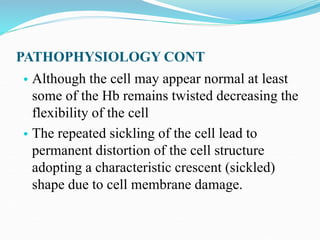 PATHOPHYSIOLOGY CONT
• Although the cell may appear normal at least
some of the Hb remains twisted decreasing the
flexibility of the cell
• The repeated sickling of the cell lead to
permanent distortion of the cell structure
adopting a characteristic crescent (sickled)
shape due to cell membrane damage.
 
