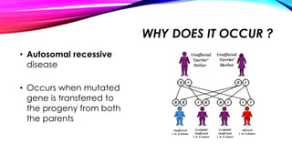 WHY DOES IT OCCUR ?
• Autosomal recessive
disease
• Occurs when mutated
gene is transferred to
the progeny from both
the parents
 