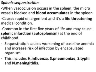 Splenic sequestration-
-When vasooclusion occurs in the spleen, the micro
vessels blocked and blood accumulates in the spleen.
-Causes rapid enlargement and it’s a life threatening
medical condition.
-Common in the first five years of life and may cause
splenic infarction (autosplenism) at the end of
childhood.
- Sequestration causes worsening of baseline anemia
and increase risk of infection by encapsulated
organism
- This includes H.influenza, S.pneumoniae, S.typhi
and N.meningitidis.
 