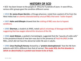 HISTORY OF SCD
• SCD has been known to the people of Africa for hundreds of years. In west Africa ,
various ethic groups gave the condition different names
• 1910: Dr. James Bryan Herrick, a Chicago physician, noted that a patient of his from the
West Indies had an anemia characterized by unusual RBCs that were “sickle-shaped”.
• 1927: Hahn and Gillespie showed that the sickling of RBCs was due to hypoxic
conditions.
• 1940: Sherman, a student at JHMS, noted optical anisotropy of deoxygenated RBCs
suggesting that low oxygen altered the structure of the Hb.
• 1948: Janet Watson, a pediatric hematologist, suggested that the “paucity of sickle cells”
in the peripheral blood of new born was due to the presence of Fetal Hb (HbF) in the
RBCs, which did not have the abnormal sickle Hb seen in adults.
• 1948: Linus Pauling & Harvey showed by a “protein electrophoresis” that the Hb from
patients with SCD is different than that of normal. This made SCD, the first disorder in
which an abnormality in a protein was known to be at fault.
10-02-2020
 