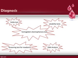 Diagnosis

      Sickle test
                                                       solubility tests



                    hemoglobin electrophoresis test




    Screening test for newborns                       DNA Analysis
 