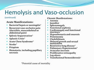 Chronic Manifestations:
 Anemia
 Jaundice
 Splenomegaly
 Functional asplenia
 Cardiomegaly and functional
murmurs
 Hyposthenuria and enuresis
 Proteinemia
 Cholelithiasis
 Delayed growth and sexual
maturation
 Restrictive lung disease*
 Pulmonary Hypertension*
 Avascular necrosis
 Proliferative retinopathy
 Leg ulcers
 Transfusional hemosiderosis*
Acute Manifestations:
 Bacterial Sepsis or meningitis*
 Recurrent vaso-occlusive pain
(dactylitis, muscoskeletal or
abdominal pain)
 Splenic Sequestration*
 Aplastic Crisis*
 Acute Chest Syndrome*
 Stroke*
 Priapism
 Hematuria, including papillary
necrosis
Hemolysis and Vaso-occlusion
(continued)
*Potential cause of mortality
 