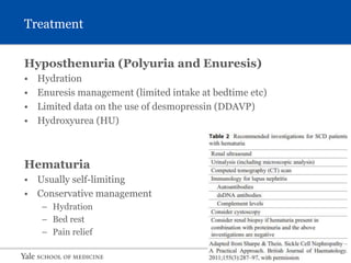 S L I D E 28
Treatment
Hyposthenuria (Polyuria and Enuresis)
• Hydration
• Enuresis management (limited intake at bedtime etc)
• Limited data on the use of desmopressin (DDAVP)
• Hydroxyurea (HU)
Hematuria
• Usually self-limiting
• Conservative management
– Hydration
– Bed rest
– Pain relief
 