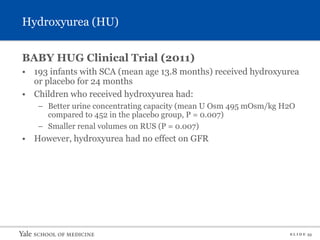 S L I D E 33
Hydroxyurea (HU)
BABY HUG Clinical Trial (2011)
• 193 infants with SCA (mean age 13.8 months) received hydroxyurea
or placebo for 24 months
• Children who received hydroxyurea had:
– Better urine concentrating capacity (mean U Osm 495 mOsm/kg H2O
compared to 452 in the placebo group, P = 0.007)
– Smaller renal volumes on RUS (P = 0.007)
• However, hydroxyurea had no effect on GFR
 