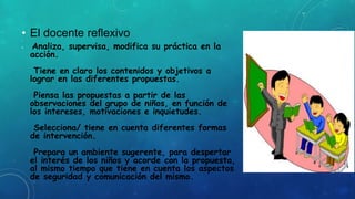 • El docente reflexivo
• Analiza, supervisa, modifica su práctica en la
acción.
Tiene en claro los contenidos y objetivos a
lograr en las diferentes propuestas.
Piensa las propuestas a partir de las
observaciones del grupo de niños, en función de
los intereses, motivaciones e inquietudes.
Selecciona/ tiene en cuenta diferentes formas
de intervención.
Prepara un ambiente sugerente, para despertar
el interés de los niños y acorde con la propuesta,
al mismo tiempo que tiene en cuenta los aspectos
de seguridad y comunicación del mismo.
 