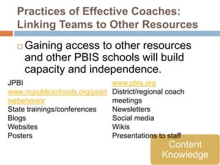 Practices of Effective Coaches:
  Linking Teams to Other Resources
     Gaining access to other resources
      and other PBIS schools will build
      capacity and independence.
JPBI                            www.pbis.org
www.ncpublicschools.org/posit   District/regional coach
ivebehavior                     meetings
State trainings/conferences     Newsletters
Blogs                           Social media
Websites                        Wikis
Posters                         Presentations to staff
                                                Content
                                               Knowledge
 
