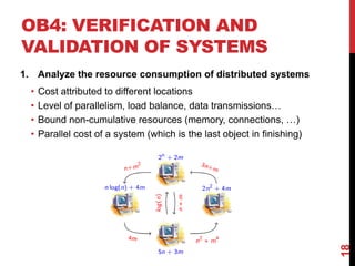 OB4: VERIFICATION AND
VALIDATION OF SYSTEMS
18
1. Analyze the resource consumption of distributed systems
• Cost attributed to different locations
• Level of parallelism, load balance, data transmissions…
• Bound non-cumulative resources (memory, connections, …)
• Parallel cost of a system (which is the last object in finishing)
 