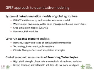 GFSF approach to quantitative modeling
System of linked simulation models of global agriculture
• IMPACT multi-country, multi-market economic model
• Water model (hydrology, water basin management, crop water stress)
• Crop simulation models (DSSAT);
• Livestock, Fish modules
Long-run ex ante scenario analysis
• Demand, supply and trade of agricultural commodities
• Technology, investment, policy options
• Climate Change effects and adaptation strategies
Global economic assessments of Promising Technologies
• High yield, drought , heat tolerance traits in virtual crop varieties
• Breed, feed and animal health solutions to livestock yield gaps
 