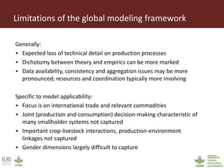Limitations of the global modeling framework
Generally:
• Expected loss of technical detail on production processes
• Dichotomy between theory and empirics can be more marked
• Data availability, consistency and aggregation issues may be more
pronounced; resources and coordination typically more involving
Specific to model applicability:
• Focus is on international trade and relevant commodities
• Joint (production and consumption) decision-making characteristic of
many smallholder systems not captured
• Important crop-livestock interactions, production-environment
linkages not captured
• Gender dimensions largely difficult to capture
 