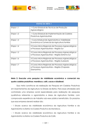 ETAPAS DA META 1
Etapa 1.1 1 Curso Estadual de Técnicas de Produção
Agroecológica
Etapa 1.2 1 Curso Estadual de Implementação de Cadeias
Produtivas Agroindustriais
Etapa 1.3 1 Curso Estadual de Agroindústria e Viabilidade
Econômica e Comercial da Agricultura familiar
Etapa 1.4 3 Cursos Micro-Regionais de Processos Agroecológicos
e Processos Agroindustriais – Região Sul
Etapa 1.5 3 Cursos Micro-Regionais de Processos Agroecológicos
e Processos Agroindustriais – Região Extremo Sul
Etapa 1.6 3 Cursos Micro-Regionais de Processos Agroecológicos
e Processos Agroindustriais – Região Sudoeste
Etapa 1.7 3 Cursos Micro-Regionais de Processos Agroecológicos
e Processos Agroindustriais – Região Chapada
Diamantina
Meta 2: Executar uma pesquisa de viabilidade econômica e comercial nas
quatro cadeias produtivas: mandioca, café, cacau e biodiesel.
Essa meta constitui-se da realização da Pesquisa em Cadeias Produtivas
em Assentamentos da Agricultura no Estado da Bahia. Para essas atividades será
contratada uma empresa social especializada para realização de pesquisas
qualitativas referentes a agroindústria e áreas de Agricultura Familiar, com
comprovada experiência de trabalho sob esse público beneficiário. Os produtos
que essa empresa deverá realizar são:
- 1 Estudo acerca da viabilidade econômica da Agricultura Familiar e da
Agroindústria na Bahia na Cadeia Produtiva da Mandioca.
- 1 Estudo acerca da viabilidade econômica da Agricultura Familiar e da
Agroindústria na Bahia na Cadeia Produtiva do Café.
~ 139 ~
 