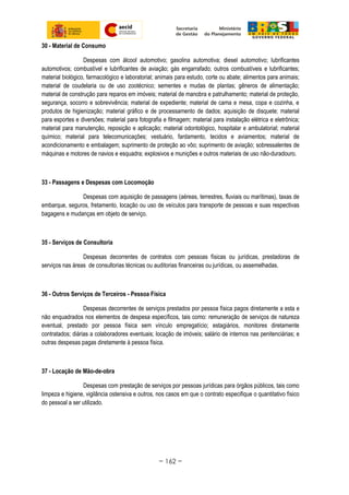 30 - Material de Consumo
Despesas com álcool automotivo; gasolina automotiva; diesel automotivo; lubrificantes
automotivos; combustível e lubrificantes de aviação; gás engarrafado; outros combustíveis e lubrificantes;
material biológico, farmacológico e laboratorial; animais para estudo, corte ou abate; alimentos para animais;
material de coudelaria ou de uso zootécnico; sementes e mudas de plantas; gêneros de alimentação;
material de construção para reparos em imóveis; material de manobra e patrulhamento; material de proteção,
segurança, socorro e sobrevivência; material de expediente; material de cama e mesa, copa e cozinha, e
produtos de higienização; material gráfico e de processamento de dados; aquisição de disquete; material
para esportes e diversões; material para fotografia e filmagem; material para instalação elétrica e eletrônica;
material para manutenção, reposição e aplicação; material odontológico, hospitalar e ambulatorial; material
químico; material para telecomunicações; vestuário, fardamento, tecidos e aviamentos; material de
acondicionamento e embalagem; suprimento de proteção ao vôo; suprimento de aviação; sobressalentes de
máquinas e motores de navios e esquadra; explosivos e munições e outros materiais de uso não-duradouro.
33 - Passagens e Despesas com Locomoção
Despesas com aquisição de passagens (aéreas, terrestres, fluviais ou marítimas), taxas de
embarque, seguros, fretamento, locação ou uso de veículos para transporte de pessoas e suas respectivas
bagagens e mudanças em objeto de serviço.
35 - Serviços de Consultoria
Despesas decorrentes de contratos com pessoas físicas ou jurídicas, prestadoras de
serviços nas áreas de consultorias técnicas ou auditorias financeiras ou jurídicas, ou assemelhadas.
36 - Outros Serviços de Terceiros - Pessoa Física
Despesas decorrentes de serviços prestados por pessoa física pagos diretamente a esta e
não enquadrados nos elementos de despesa específicos, tais como: remuneração de serviços de natureza
eventual, prestado por pessoa física sem vínculo empregatício; estagiários, monitores diretamente
contratados; diárias a colaboradores eventuais; locação de imóveis; salário de internos nas penitenciárias; e
outras despesas pagas diretamente à pessoa física.
37 - Locação de Mão-de-obra
Despesas com prestação de serviços por pessoas jurídicas para órgãos públicos, tais como
limpeza e higiene, vigilância ostensiva e outros, nos casos em que o contrato especifique o quantitativo físico
do pessoal a ser utilizado.
~ 162 ~
 