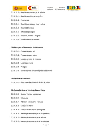 3.3.90.30.39 – Material para manutenção de veículos
3.3.90.30.41 – Material para utilização em gráfica
3.3.90.30.42 – Ferramentas
3.3.90.30.44 – Material de sinalização visual e outros
3.3.90.30.46 – Material bibliográfico
3.3.90.30.49 – Bilhetes de passagens
3.3.90.30.50 – Bandeiras, flâmulas e insígnias
3.3.90.30.99 – Outros materiais de consumo
33 - Passagens e Despesa com Deslocamentos
3.3.90.33.01 – Passagens para o país
3.3.90.33.02 – Passagens para o exterior
3.3.90.33.03 – Locação de meios de transporte
3.3.90.33.05 – Locomoção urbana
3.3.90.33.08 – Pedágios
3.3.90.33.99 – Outras despesas com passagens e deslocamento
35 - Serviços de Consultoria
3.3.90.35.01 – ASSESSORIA e consultoria técnica ou jurídica
36 - Outros Serviços de Terceiros - Pessoa Física
3.3.90.36.06 – Serviços Técnicos profissionais
3.3.90.36.07 – Estagiários
3.3.90.36.11 – Pró-labore a consultores eventuais
3.3.90.36.15 – Locação de imóveis
3.3.90.36.16 – Locação de bens móveis e intangíveis
3.3.90.36.18 – Manutenção e conservação de equipamentos
3.3.90.36.20 – Manutenção e conservação de veículos
3.3.90.36.22 – Manutenção e conservação de bens imóveis
~ 167 ~
 