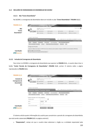 120
11.2 INCLUSÃO DE CRONOGRAMA DE DESEMBOLSO NO SICONV
11.2.1 Aba “Crono Desembolso”
No SICONV, o cronograma de desembolso deve ser incluído na aba “Crono Desembolso” (FIGURA 11.2.).
11.2.2 Inclusão de Cronograma de Desembolso
Para incluir no SICONV o cronograma de desembolso que aparece na FIGURA 11.1., o usuário deve clicar o
botão “Incluir Parcela do Cronograma de Desembolso” (FIGURA 11.2. acima). O sistema exibe a página
reproduzida na FIGURA 11.3..
O sistema solicita quatro informações do usuário para caracterizar a parcela do cronograma de desembolso
que está sendo cadastrada (FIGURA 11.3. na página anterior):
• “Responsável”, campo em que o usuário deve selecionar o órgão ou a entidade responsável pela
FIGURA 11.2.
Aba
“Crono
Desembolso”
reprodução:
FIGURA 11.3.
Inclusão de
Cronograma de
Desembolso
(A)
reprodução:
 