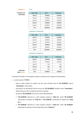 60
É importante entender as informações contidas em cada parte do cronograma de desembolso:
• na parte superior (“TOTAL”):
- estão os dados relativos ao projeto, que tem valor estimado total de “R$ 120.000,00” (coluna
“Desembolso”, última linha);
- está previsto um desembolso total de recursos de “R$ 120.000,00” (também coluna “Desembolso”,
última linha) para cobrir as despesas previstas no projeto;
- do total de “R$ 120.000,00” de recursos a serem desembolsados:
 “R$ 82.000,00” destinam-se a cobrir despesas relativas à “Meta 01”, sendo “R$ 64.000,00”
relacionados às despesas da “Etapa 01” e “R$ 18.000,00” relacionados às despesas da “Etapa
02”; e
 “R$ 38.000,00” destinam-se a cobrir despesas relativas à “Meta 02”, sendo “R$ 38.000,00”
relacionados às despesas da única etapa desta meta (“Etapa 01”).
FIGURA 6.1.
Cronograma de
Desembolso
elaboração:
TOTAL
Meta / Etapa Mês 1 Desembolso
Meta 01 82.000,00 82.000,00
Etapa 01 64.000,00 64.000,00
Etapa 02 18.000,00 18.000,00
Meta 02 38.000,00 38.000,00
Etapa 01 38.000,00 38.000,00
Total 120.000,00 120.000,00
CONCEDENTE / CONTRATANTE
Meta / Etapa Mês 1 Desembolso
Meta 01 62.000,00 62.000,00
Etapa 01 44.000,00 44.000,00
Etapa 02 18.000,00 18.000,00
Meta 02 38.000,00 38.000,00
Etapa 01 38.000,00 38.000,00
Total 100.000,00 100.000,00
CONVENENTE / CONTRATADO
Meta / Etapa Mês 1 Desembolso
Meta 01 20.000,00 20.000,00
Etapa 01 20.000,00 20.000,00
Etapa 02 0,00 0,00
Meta 02 0,00 0,00
Etapa 01 0,00 0,00
Total 20.000,00 20.000,00
 