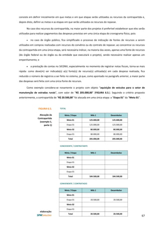 67
consiste em definir inicialmente em que metas e em que etapas serão utilizados os recursos da contrapartida e,
depois disto, definir as metas e as etapas em que serão utilizados os recursos do repasse.
No caso dos recursos da contrapartida, na maior parte dos projetos é preferível estabelecer que eles serão
utilizados para realizar pagamentos das despesas previstas em uma única etapa do cronograma físico, pois:
• no caso de órgão público, fica simplificado o processo de indicação de fontes de recursos a serem
utilizados em compras realizadas com recursos do convênio ou do contrato de repasse: ao concentrar os recursos
da contrapartida em uma única etapa, será necessária indicar, na maioria das vezes, apenas uma fonte de recursos
(do órgão federal ou do órgão ou da entidade que executará o projeto), sendo necessário realizar apenas um
empenhamento; e
• a prestação de contas no SICONV, especialmente no momento de registrar notas fiscais, torna-se mais
rápida: como deve(m) ser indicada(s) a(s) fonte(s) de recurso(s) utilizada(s) em cada despesa realizada, fica
reduzido o número de registros a ser feito no sistema, já que, como apontado no parágrafo anterior, a maior parte
das despesas será feita com uma única fonte de recursos.
Como exemplo considera-se novamente o projeto com objeto “aquisição de veículos para o setor de
manutenção de estradas rurais”, com valor de “R$ 205.000,00” (FIGURA 6.5.). Seguindo o critério proposto
anteriormente, a contrapartida de “R$ 20.500,00” foi alocada em uma única etapa: a “Etapa 01” da “Meta 01”.
FIGURA 6.5.
Alocação da
Contrapartida
(exemplo 1,
parte 1)
elaboração:
TOTAL
Meta / Etapa Mês 1 Desembolso
Meta 01 125.000,00 125.000,00
Etapa 01 125.000,00 125.000,00
Meta 02 80.000,00 80.000,00
Etapa 01 80.000,00 80.000,00
Total 205.000,00 205.000,00
CONCEDENTE / CONTRATANTE
Meta / Etapa Mês 1 Desembolso
Meta 01
Etapa 01
Meta 02
Etapa 01
Total 184.500,00 184.500,00
CONVENENTE / CONTRATADO
Meta / Etapa Mês 1 Desembolso
Meta 01
Etapa 01 20.500,00 20.500,00
Meta 02
Etapa 01
Total 20.500,00 20.500,00
 