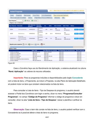 Figura 48
Caso o Convênio faça uso do Rendimento de Aplicação, o sistema atualizará na coluna
“Rend. Aplicação” os valores do recurso utilizados.
Importante: Para os programas incluídos e disponibilizados pelo órgão Concedente
com a lista de itens, o Proponente, ao incluir a Proposta, na aba Plano de Aplicação Detalhado,
só poderá incluir os itens que constam relacionados na lista de itens.
Para consultar a Lista de Itens - Tipo de Despesa do programa, o usuário deverá
acessar o Portal dos Convênios com login e senha, clicar no menu "Programas/Consultar
Programas", no campo “Código do Programa” informar o código do programa e clicar em
consultar, clicar na aba “Lista de Itens - Tipo de Despesa”, baixar a planilha e verificar os
itens.
Observação: Caso o item não conste na lista de itens, o usuário poderá verificar com o
Concedente se é possível alterar a lista de itens no programa.
48/67
 