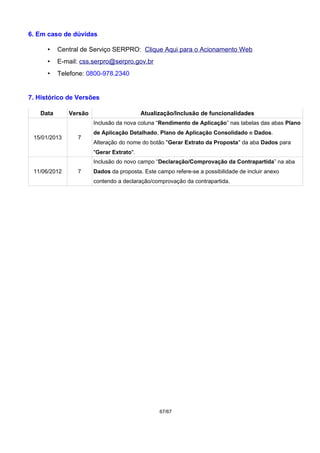 6. Em caso de dúvidas
• Central de Serviço SERPRO: Clique Aqui para o Acionamento Web
• E-mail: css.serpro@serpro.gov.br
• Telefone: 0800-978.2340
7. Histórico de Versões
Data Versão Atualização/Inclusão de funcionalidades
15/01/2013 7
Inclusão da nova coluna “Rendimento de Aplicação” nas tabelas das abas Plano
de Aplicação Detalhado, Plano de Aplicação Consolidado e Dados.
Alteração do nome do botão "Gerar Extrato da Proposta" da aba Dados para
"Gerar Extrato".
11/06/2012 7
Inclusão do novo campo “Declaração/Comprovação da Contrapartida” na aba
Dados da proposta. Este campo refere-se a possibilidade de incluir anexo
contendo a declaração/comprovação da contrapartida.
67/67
 