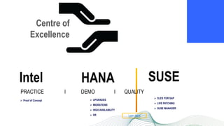 Learn More
SUSE
PRACTICE I DEMO I QUALITY
 SLES FOR SAP
 LIVE PATCHING
 SUSE MANAGER
Centre of
Excellence
HANA
 UPGRADES
 MIGRATIONS
 HIGH AVAILABILITY
 DR
Intel
 Proof of Concept
 