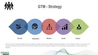 Alliances Growth SolutionWin-Win
GTM - Strategy
Globalization
Sara for nearly two decades adopted the business alliance strategy, partnering with different business stakeholders. This has helped to create a non exclusive, non
competitive business scenario with Win-Win business benefits, growth and increased profitability. The same strategy is being adopted in various domains and
solutions
 