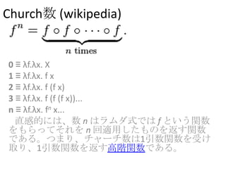 Church数 (wikipedia)
0 ≡ λf.λx. X
1 ≡ λf.λx. f x
2 ≡ λf.λx. f (f x)
3 ≡ λf.λx. f (f (f x))...
n ≡ λf.λx. fn x...
直感的には、数 n はラムダ式では f という関数
をもらってそれを n 回適用したものを返す関数
である。つまり、チャーチ数は1引数関数を受け
取り、1引数関数を返す高階関数である。
 