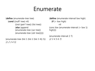 Enumerate 
(define (enumerate-tree tree) 
(cond ((null? tree) nil) 
((not (pair? tree)) (list tree)) 
(else (append 
(enumerate-tree (car tree)) 
(enumerate-tree (cdr tree)))))) 
(enumerate-tree (list 1 (list 2 (list 3 4)) 5)) 
(1 2 3 4 5) 
(define (enumerate-interval low high) 
(if (> low high) 
nil 
(cons low (enumerate-interval (+ low 1) 
high)))) 
(enumerate-interval 2 7) 
(2 3 4 5 6 7) 
 